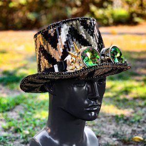 Music Festival Party Top Hat Burning Man Steampunk Sequins Hat With 3D Goggles